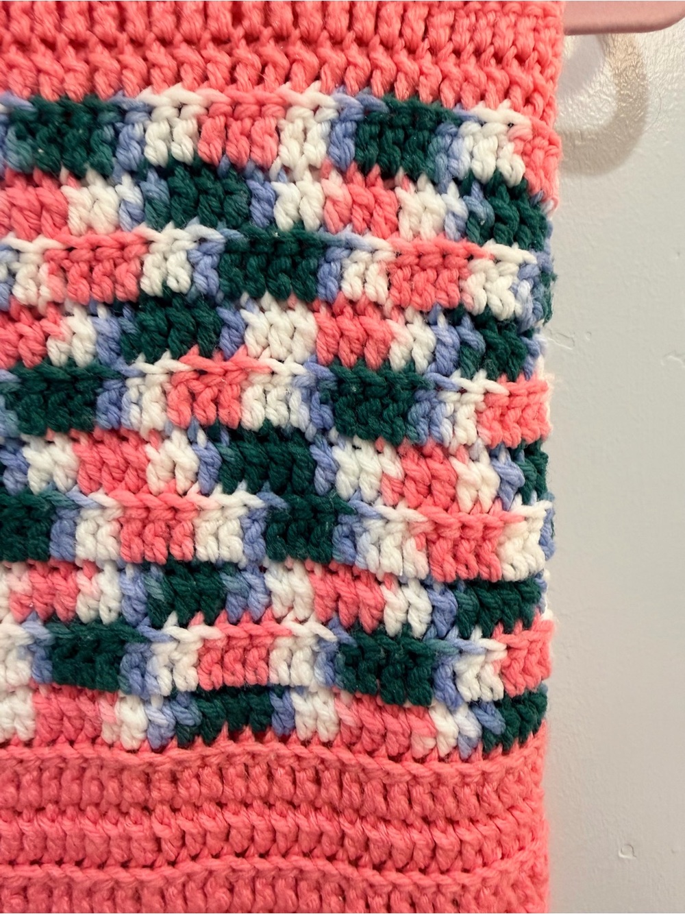 Vintage Handmade Crochet Afghan Blanket Pink Green White Geometric Fringe Boho - Picture 3 of 7